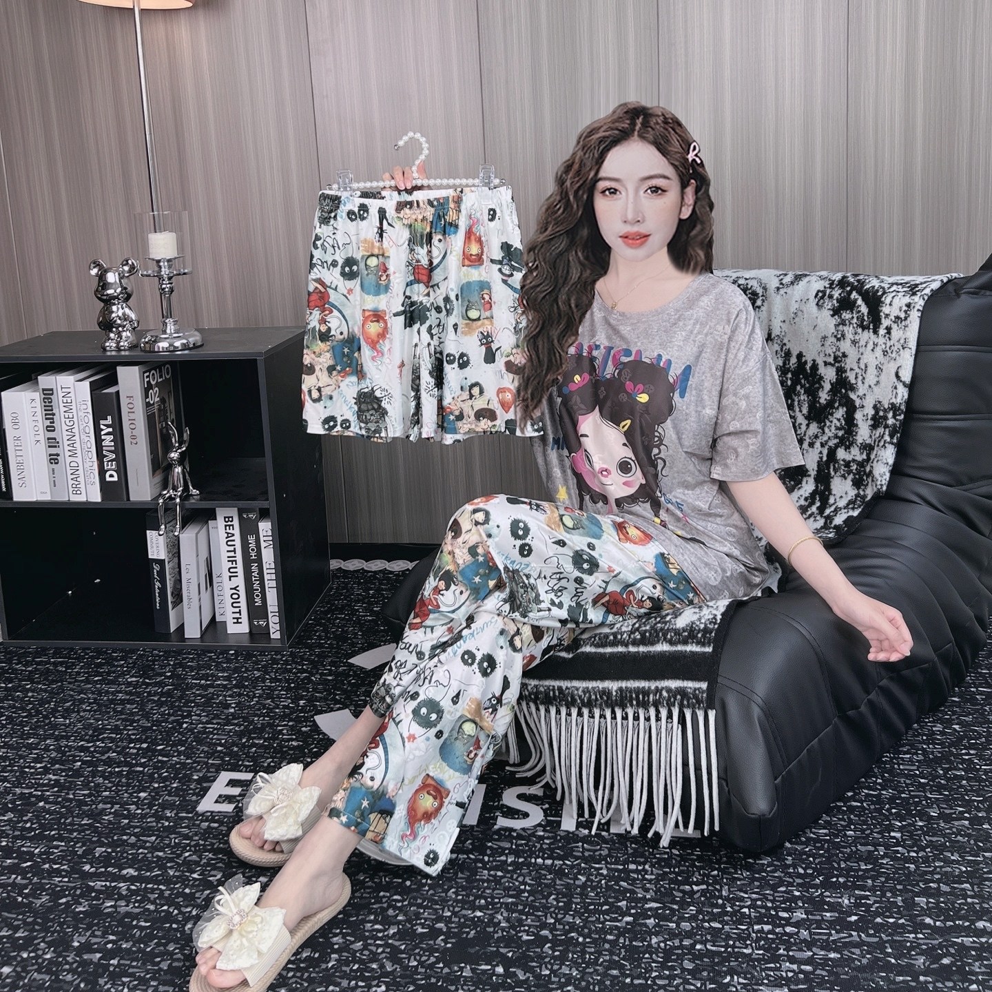 2025新款睡衣女春秋季短袖提花三件套卡通可爱家居服套装可外穿