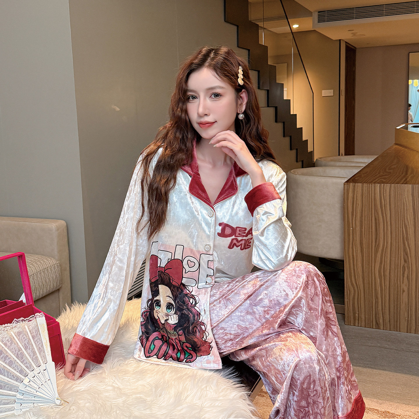 2025新款睡衣女春秋款金丝绒长袖长裤家居服套装可外穿