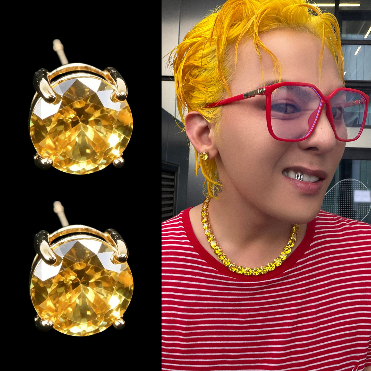 GD权志龙同款圆形镶钻锆石耳钉超闪水钻黄钻百搭时尚简约男女耳环