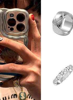 GD权志龙同款小香风菱格纹戒指女ins小众轻奢菱形格叠戴情侣对戒