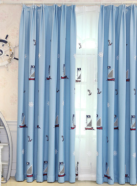 棉麻卡通窗帘蓝色地中海帆船定制落地窗海盗船儿童房男孩卧室成品