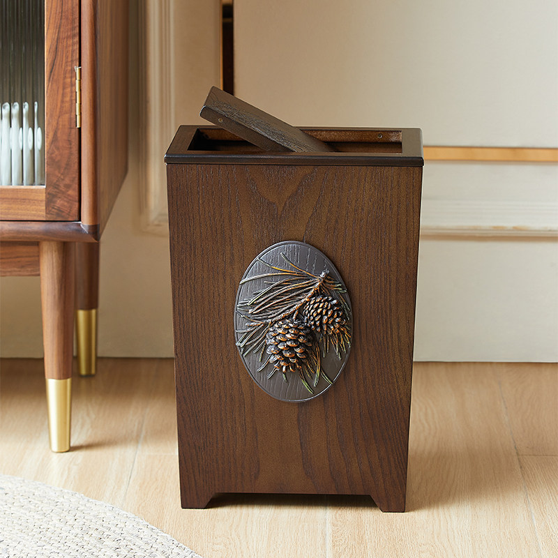 垃圾桶新中式客厅带盖家用餐厅木质客厅高颜值翻盖立式大容量纸篓