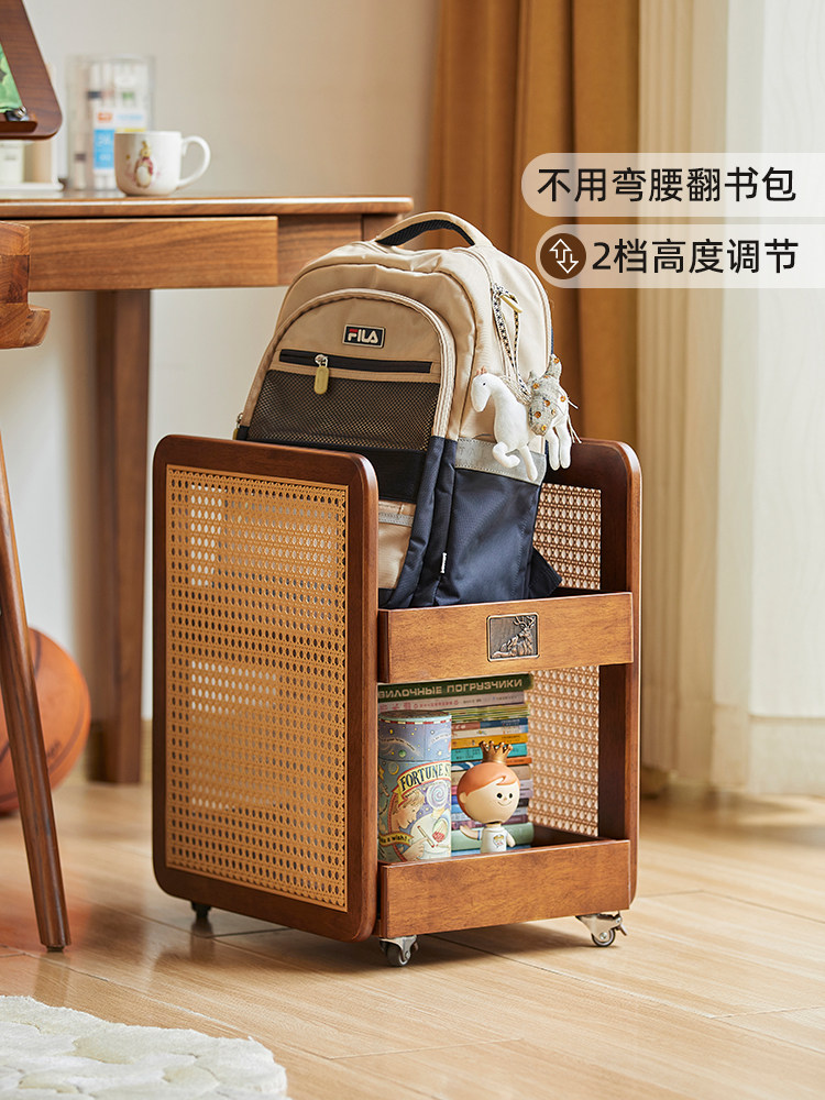 乐多实木藤书包收纳架可移动图书双层小车家用学生图书收纳架
