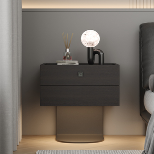 现代简约卧室床头柜指纹锁轻奢实木储物箱悬浮氛围灯双抽屉定制