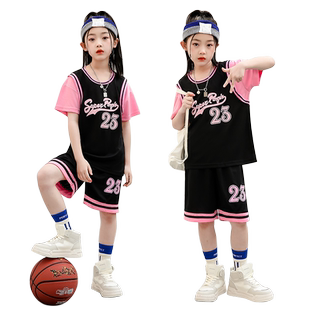 女孩篮球服套装女童夏款休闲运动服速干学生假两件短袖儿童训练服