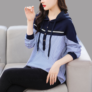 遮肚子洋派感拼接连帽0320z 女士宽松大尺码 春夏2026新款 条纹衬衫