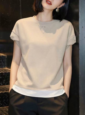 春夏假两件短袖t恤女士2026新款时尚减龄宽松显瘦感拼接上衣0318z