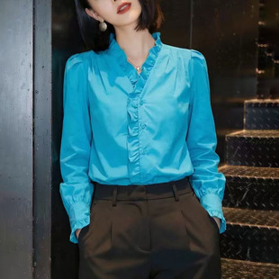减龄显瘦通勤立领上衣0325z 2026新款 春夏木耳边蓝色女士衬衫 长袖