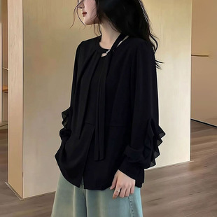 春夏黑色飘带衬衫 轻奢洋气减龄宽松休闲显瘦上衣0325z 女2026新款