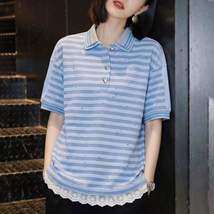 春夏蓝色条纹翻领t恤女短袖 宽松显瘦假两件蕾丝拼接0319z 2026新款
