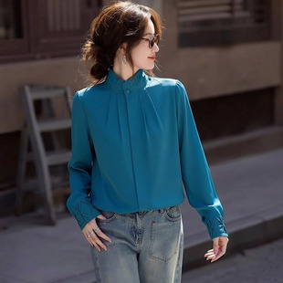春夏蓝色立领女士衬衫 减龄宽松休闲显瘦感上衣0319z 2026新款