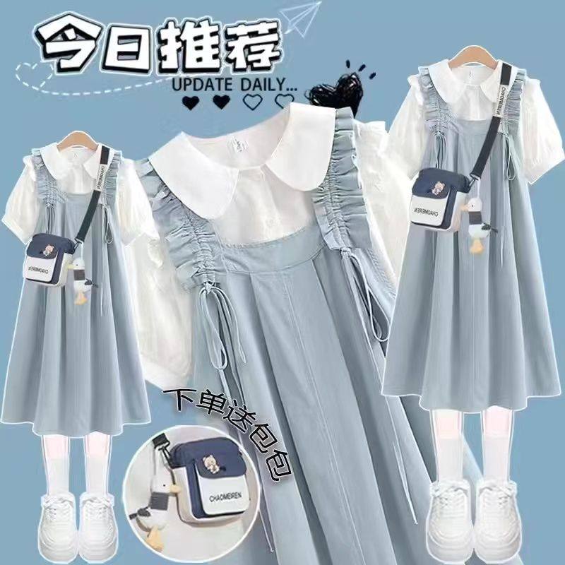 女童夏季背带裤套装2025新款12岁13中大童15学生衬衫洋气连衣裙潮