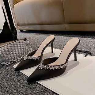 2026春季孙智惠同款凉鞋水钻尖头绸缎包头细跟高跟单鞋外穿半拖女