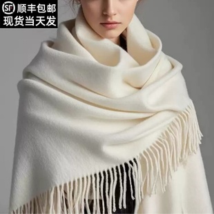鄂尔多斯市100%纯山羊绒围巾女士白色加厚保暖大披肩两用高端围脖