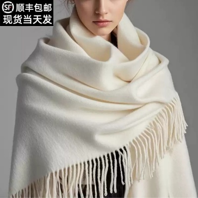 鄂尔多斯市100%纯山羊绒围巾女士白色加厚保暖大披肩两用高端围脖