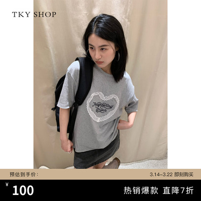 TKYSHOP蕾丝爱心花边短袖T恤女