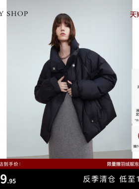 [反季专区]TKY SHOP黑色短款立领羽绒服保暖不规则绗缝设计感外套