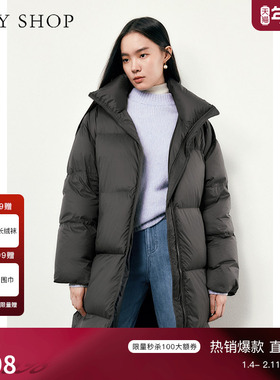 TKY SHOP黑色中长款羽绒服冬简约百搭时尚通勤保暖宽松翻领鹅绒服