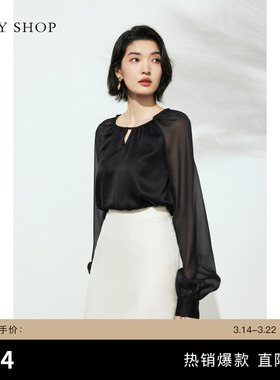 TKY SHOP奢贵高级感黑色女士衬衫夏季新款圆领设计感气质薄上衣