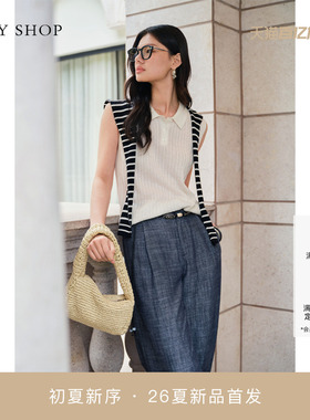 [商场同款]TKY SHOP学院风条纹披肩翻领无袖针织衫女10J1LA02F095