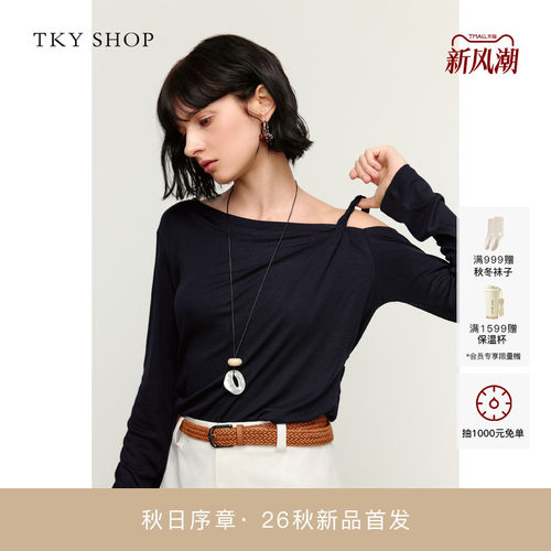 TKYSHOP斜肩长袖T恤女