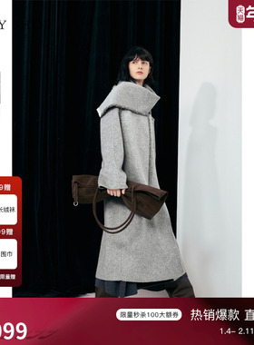 [商场同款]TKY SHOP长款羊毛大衣女2025冬新款大围巾领毛呢外套女