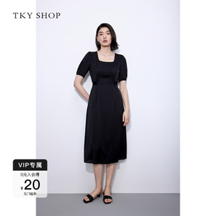 SHOP简约方领真丝连衣裙2025夏新款 TKY 收腰显瘦小黑裙度假风裙子
