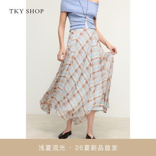 TKYSHOP复古格纹不规则半身裙