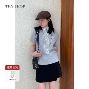 TKY 设计感百搭圆领宽松上衣薄 SHOP蕾丝飘带短袖 t恤女2025新款