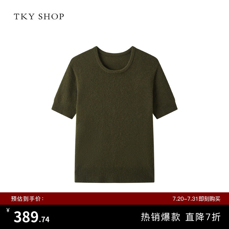 [100%山羊绒]TKY SHOP圆领短袖短袖针织衫女通勤简约休闲套头毛衣