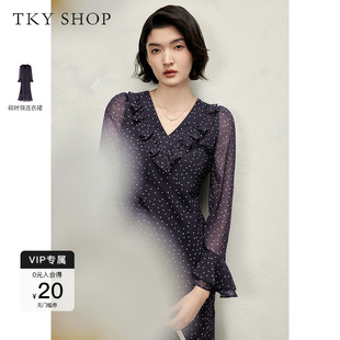 連衣裙女春秋新款 TKY SHOP法式 長袖 荷葉領(lǐng)氣質(zhì)波點裙收腰顯瘦長裙