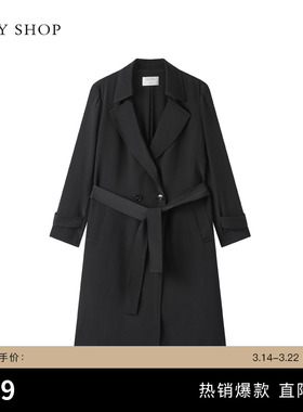 [100%桑蚕丝]TKY SHOP黑色中长款真丝时尚风衣外套春季新款通勤