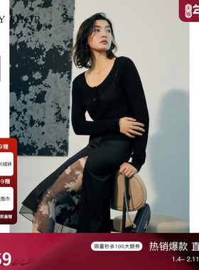 TKY SHOP黑色圆领长袖针织开衫女2025春季新款气质短款修身薄上衣