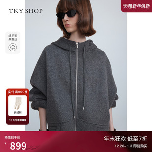 新款 连帽毛呢外套冬季 保暖大衣女 SHOP学院风羊毛大衣女中长款 TKY