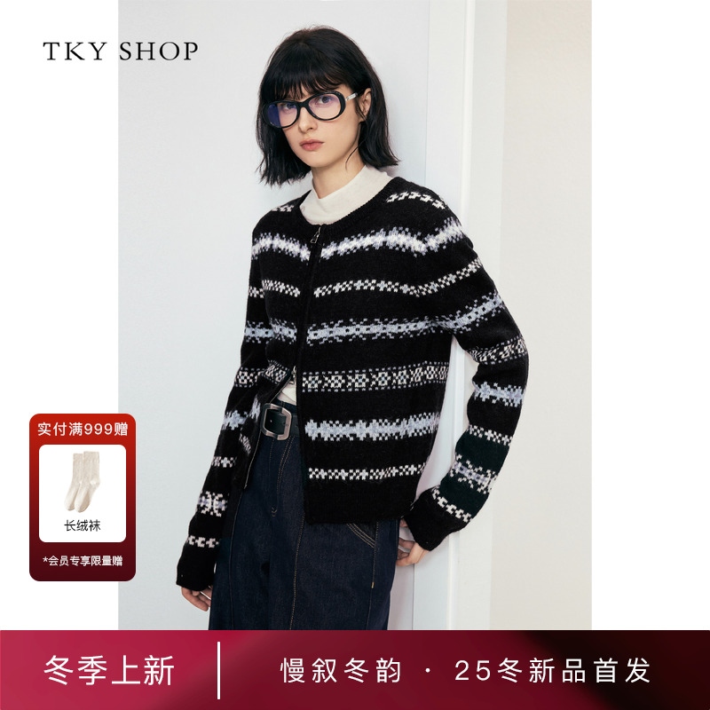 TKYSHOP圆领拉链毛开衫