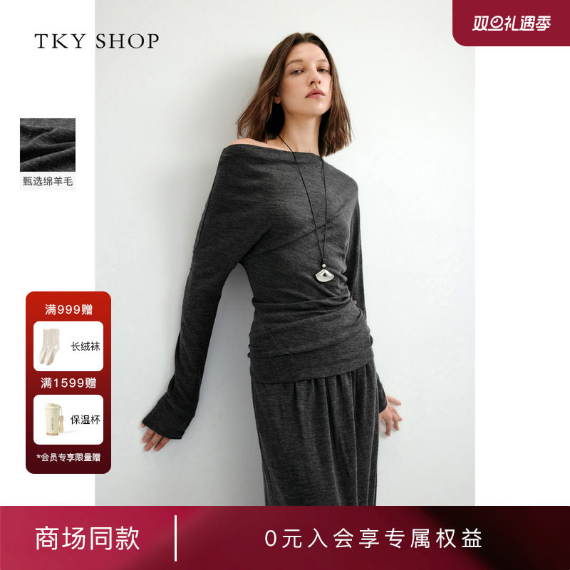 TKYSHOP斜肩长袖上衣