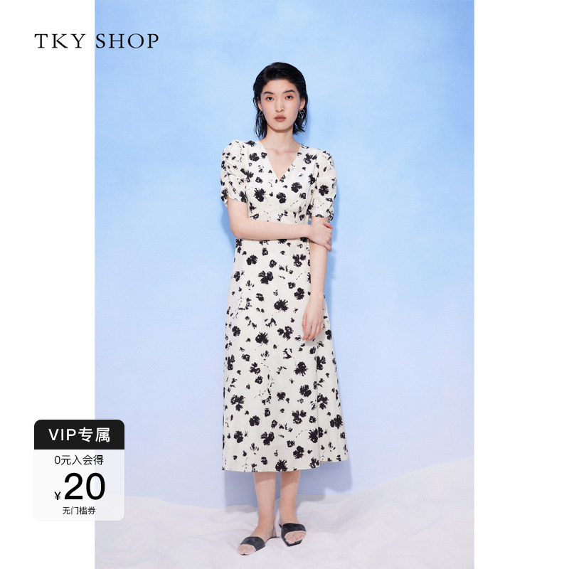 TKYSHOP白底黑花温柔气质连衣裙