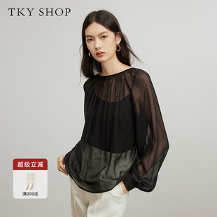 真絲上衣春秋新款 襯衫 TKY SHOP薄款 黑色法式 100%桑蠶絲 高端罩衫