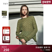 女宽松慵懒风毛衣休闲长袖 TKY SHOP橄榄绿圆领镂空针织衫 套头毛衣