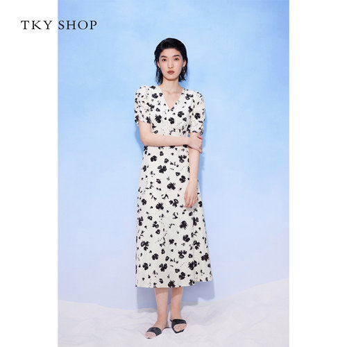 TKYSHOP白底黑花温柔气质连衣裙