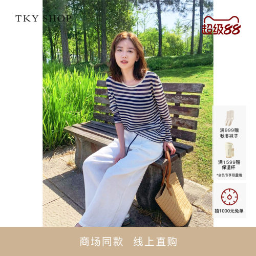 TKYSHOP圆领条纹亚麻T恤女