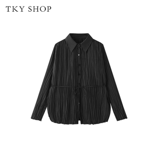 TKY SHOP黑色长袖女士衬衫春季新款轻奢雪纺衫褶皱优雅气质薄上衣