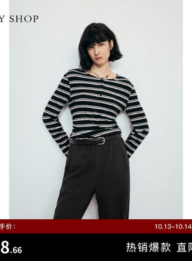 TKYSHOP抽褶条纹长袖T恤女