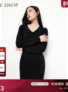 [100%绵羊毛]TKY SHOP花边领修身针织连衣裙秋冬收腰气质中长裙