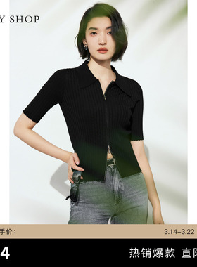 TKY SHOP设计感双头拉链针织开衫女春夏polo领短袖针织上衣修身