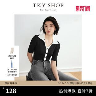 SHOP拼接撞色针织衫 针织上衣修身 女夏季 polo领短袖 显瘦 新款 TKY