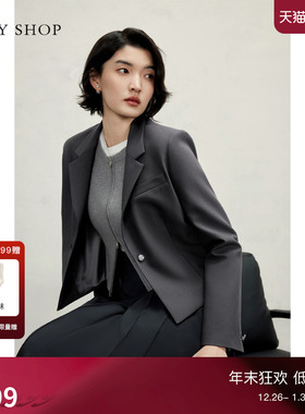 TKY SHOP灰色短款小个子西装外套女简约通勤休闲西服御姐气质穿搭
