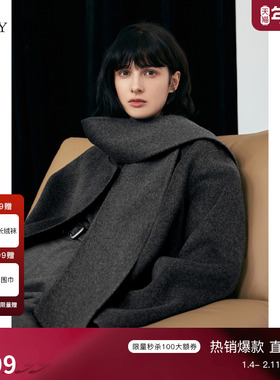 [商场同款]TKY SHOP带围巾短款大衣女2025冬新款毛呢外套绵羊毛