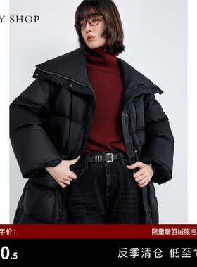 [反季专区]TKY SHOP收腰大翻领羽绒服女防风保暖厚外套黑色鸭绒服