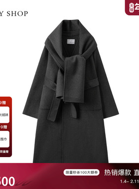 TKY SHOP长款羊毛大衣女冬季带围巾毛呢外套气质双面呢黑色呢大衣